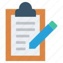 clipboard, document, document list, file, page, pencil, text 
