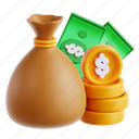 money, 3d icon, 3d illustration, 3d render, dollar money, finance concept, money sack, wealth visualization 