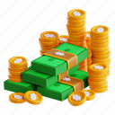 money, 3d icon, 3d illustration, 3d render, dollar money, money pile, coin stack, financial wealth, rolled bills 