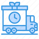 truck, gift, box, delivery, transport, clock