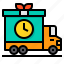 truck, gift, box, delivery, transport, clock 