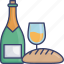 alcohol, beverage, bottle, bread, drink, food, wine 