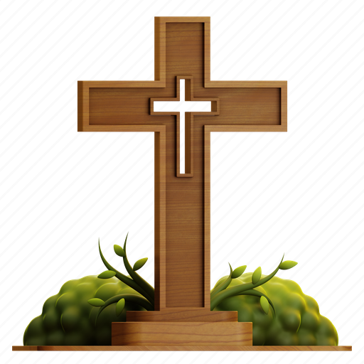 Wood, cross, wood cross with grass, wood cross, chruch, religion, cathedral 3D illustration - Download on Iconfinder