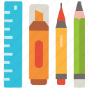 hilighter, pen, pencil, ruler, stationary, tools