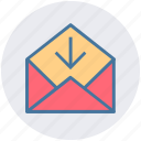 arrow, down, email, envelope, open, outbox 