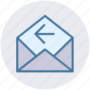 email, left arrow, letter, message, open, receive 