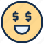dollar, emoji, emoticon, emotion, happy, money, smile 