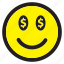 emoticon, emotion, dollar, happy, money, smiley 