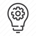 bulb, creative, gear, idea, innovation, solution