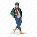 character, builder, woman, backpack, scarf, beanie