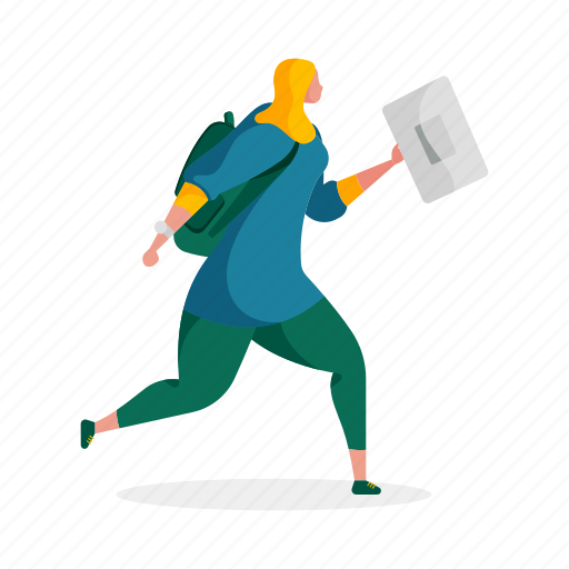 Character, builder, woman, hurry, backpack, document, run illustration - Download on Iconfinder