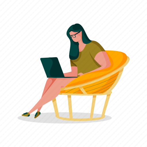 Leisure, character, builder, woman, computer, chair, laptop illustration - Download on Iconfinder