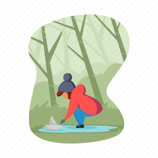 Character, builder, child, girl, boat, forest illustration - Download on Iconfinder