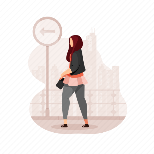 Character, builder, woman, sign, arrow, direction illustration - Download on Iconfinder