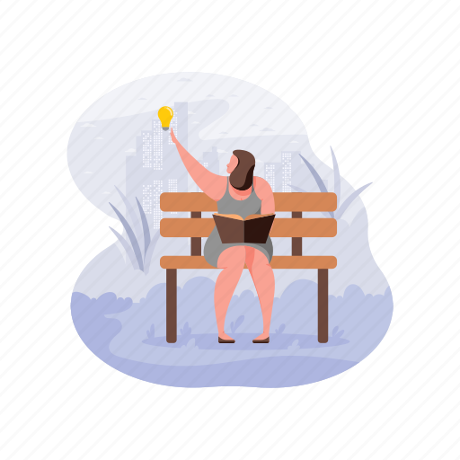 Product, development, idea, thought, bench, woman, book illustration - Download on Iconfinder