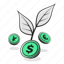 money, grow, plant, currency, coin, finance, bank, increase, leaves