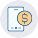 coin, dollar, dollar sign, mobile, online payment, phone, smartphone
