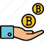 give bitcoin, bitcoin, hand, cryptocurrency, gift, give money, crypto 