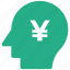 brain, business mind, human head icon, yen, analytics 