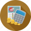 calc, calculator, coins, financial, graph 