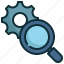 cog, gear, wheel, setting, search, finding, magnifying 