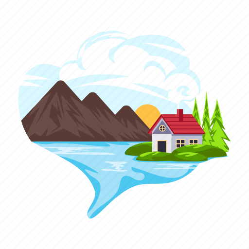 Mountains landscape, lake cottage, riverside house, hill station, hills landscape icon - Download on Iconfinder