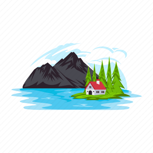 Mountains landscape, valley, lake house, riverside house, riverside landscape icon - Download on Iconfinder
