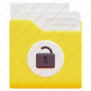 folder, file, document, unlock, password, open, security, 3d