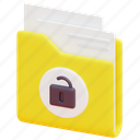 folder, file, document, unlock, open, password, security, 3d