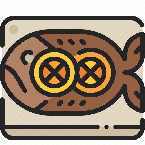 Fish, cooked, seafood, roast, dish, lemon, grilled icon - Download on Iconfinder