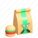 burger, package, food, delivery, illustration, 3d cartoon, isolated, fast food, shipping, online shop 