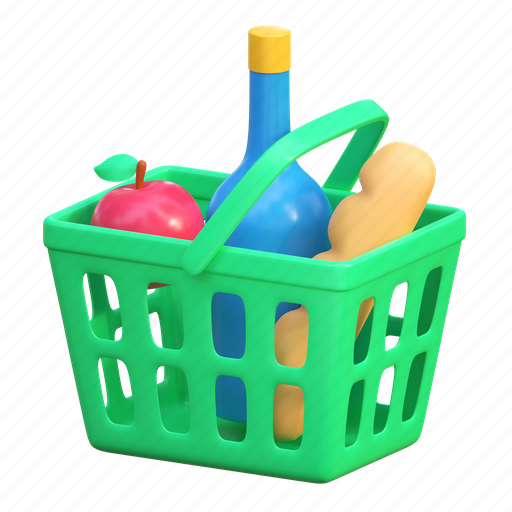 Grocery, basket, food, delivery, illustration, 3d cartoon, isolated 3D illustration - Download on Iconfinder