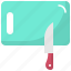 chopping board, cutting board, kitchen tool, kitchen utensil, knife 