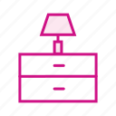 cupboard, drawers, furniture, rack, shelf, table lamp