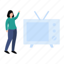 television, girl, standing, gadget, device