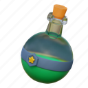 green, potion, bottle, game, illustration, wizard, witch, drink, magic, 3d cartoon, isolated, stylized, item 