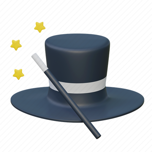 Magician, hat, game, illustration, magic, wand, wizard 3D illustration - Download on Iconfinder