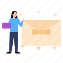 envelope, female, standing, laptop, gift
