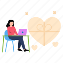 female, working, laptop, heart, box