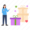femlale, standing, gift, box, present