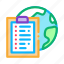 clipboard, earth, global, list, paper, sphere, task 