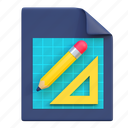 pencil, and, ruler, paper, sheet, tool, illustration, isolated, graphic design, user interface, 3d icon 