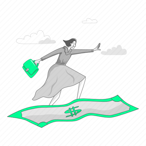 Woman, flies, bill, money, office, finance, cash illustration - Download on Iconfinder