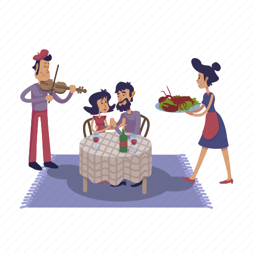 Couple, table, waitress, romance, restaurant, violin illustration - Download on Iconfinder