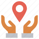 care, giving, hands support, location, map pin, safe, support 