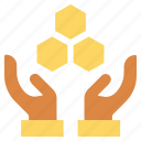 bees, care, giving, hands support, honeycomb, safe, support 