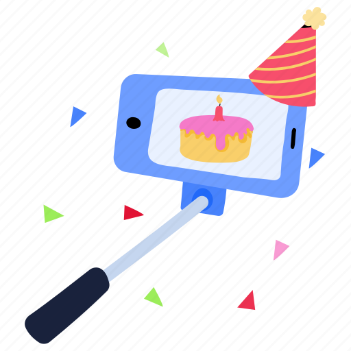 Birthday selfie, selfie stick, mobile stick, monopod, smartphone stick sticker - Download on Iconfinder