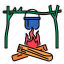 campfire, pot, camp, cooking, fire, food, bonfire 