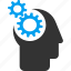 think, gears, head, idea, mind, brain interface, cyborg 