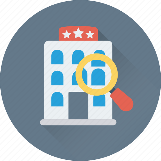 Hotel, magnifier, search hotel, tourism, travel icon - Download on Iconfinder